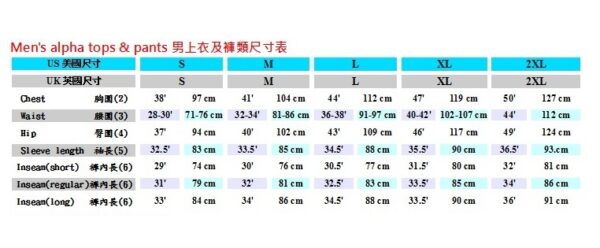 TNF104男上衣美規尺寸表